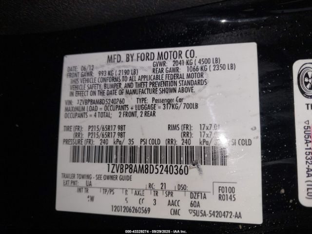 2013 FORD MUSTANG 1ZVBP8AM8D5240360 Photo 8