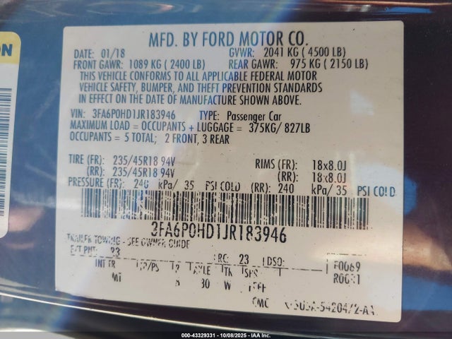 Aukcja sprzedaży 2018 Ford Fusion Se, vin: 3FA6P0HD1JR183946, numer aukcji: 43329331