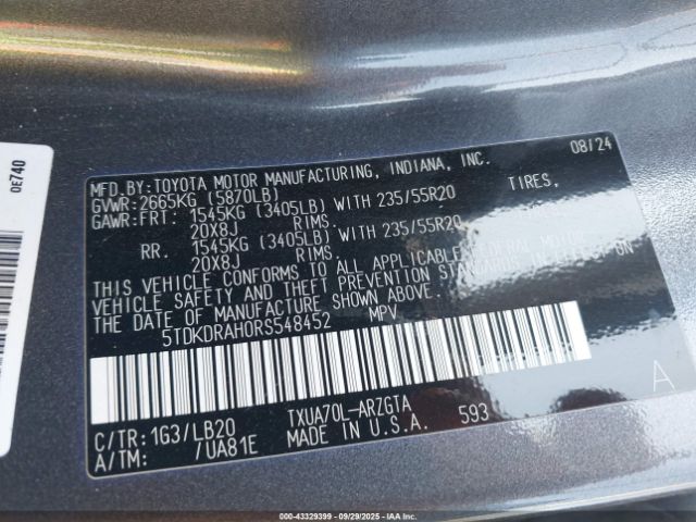 2024 TOYOTA HIGHLANDER 5TDKDRAH0RS548452 Photo 8