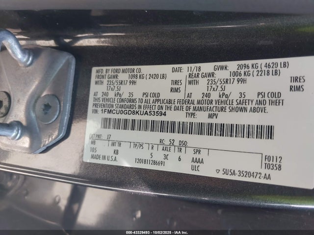 1FMCU0GD8KUA53594 Ford 1.5l gtdi sigma w/premium fuel