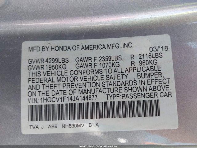 1HGCV1F14JA144877 Honda l15be