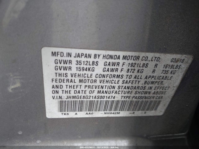 43329531 :رقم المزاد ، JHMGE8G21AS001474 vin ، 2010 Honda Fit مزاد بيع