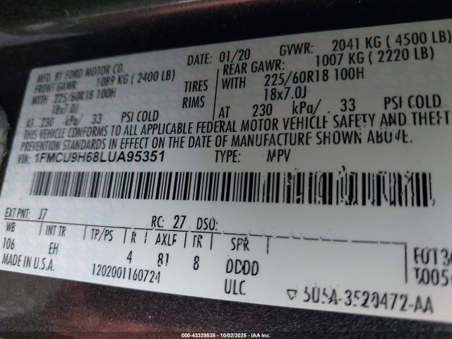 2020 FORD ESCAPE 1FMCU9H68LUA95351 Photo 8
