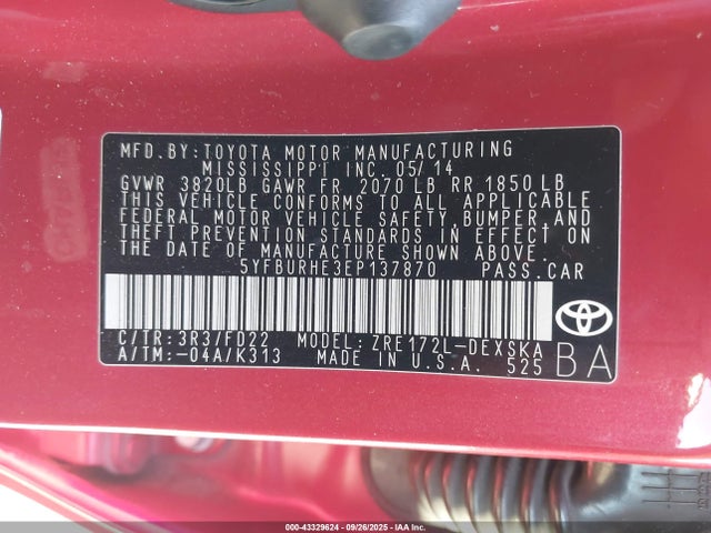 Toyota 2zr-fe 2014 5YFBURHE3EP137870 Image 9