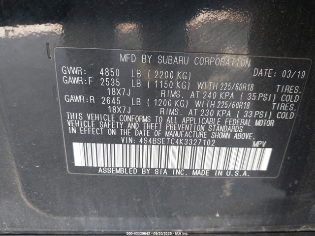 Subaru na u4 2019 4S4BSETC4K3327102 Image 9
