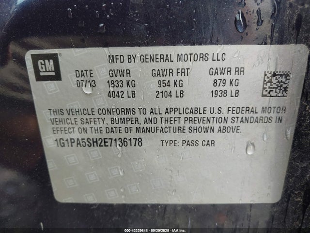 43329648 :رقم المزاد ، 1G1PA5SH2E7136178 vin ، 2014 Chevrolet Cruze Ls Auto مزاد بيع