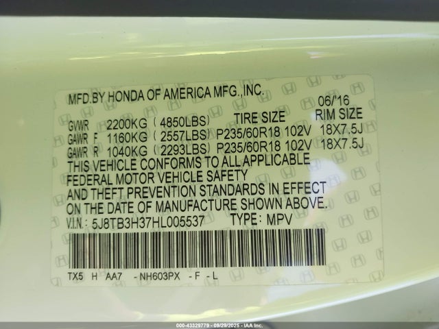 Acura j35z2 2017 5J8TB3H37HL005537 Image 9