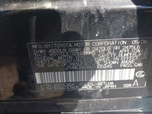2006 LEXUS IS 350 JTHBE262X62005345 Photo 8