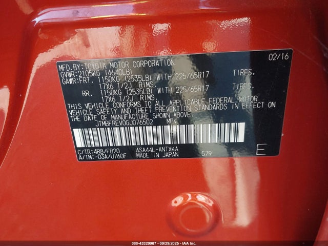 Toyota 2ar-fe 2016 JTMBFREV0GJ076502 Image 9