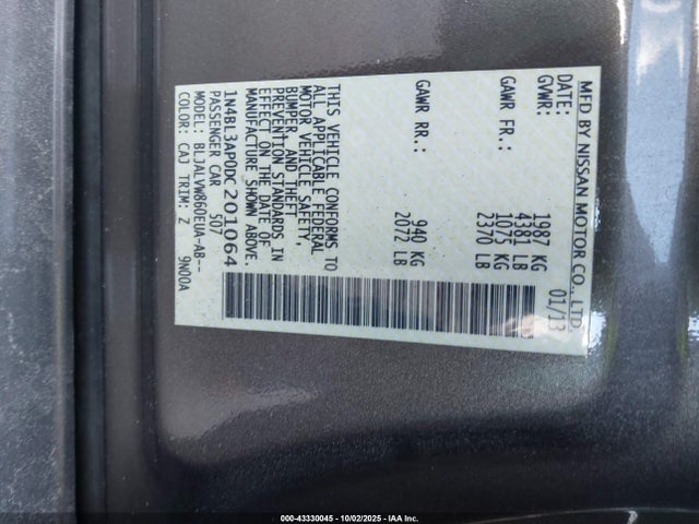 Aukcja sprzedaży 2013 Nissan Altima 3.5 Sl, vin: 1N4BL3AP0DC201064, numer aukcji: 43330045