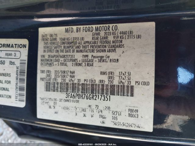 2016 FORD FUSION 3FA6P0H76GR217351 Photo 8