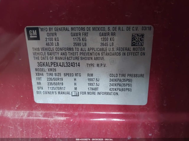 43330274 :رقم المزاد ، 3GKALPEX4JL324314 vin ، 2018 Gmc Terrain Slt مزاد بيع