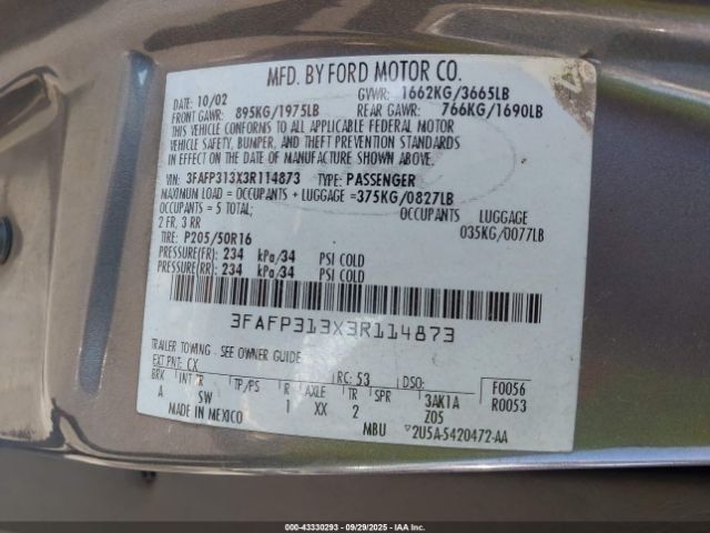 2003 FORD FOCUS 3FAFP313X3R114873 Photo 8