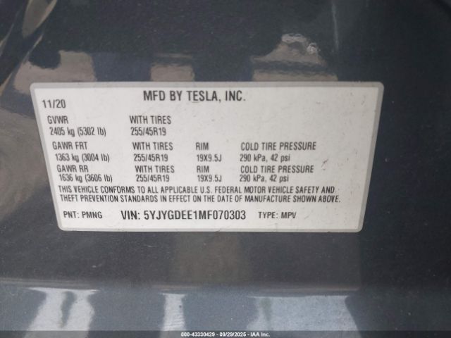 2021 TESLA MODEL Y 5YJYGDEE1MF070303 Photo 8