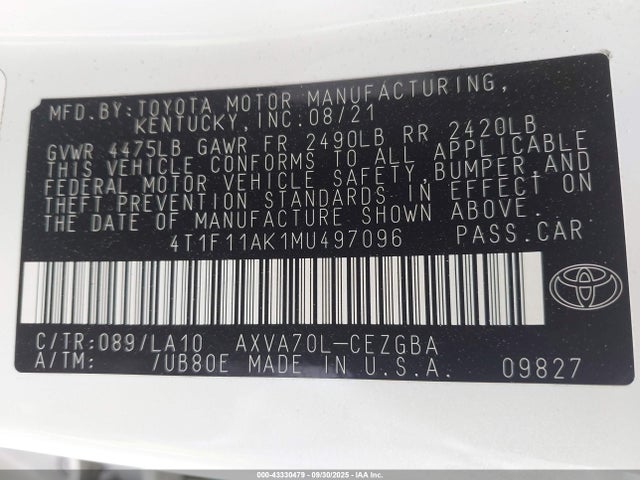 4T1F11AK1MU497096 Toyota a25a-fks