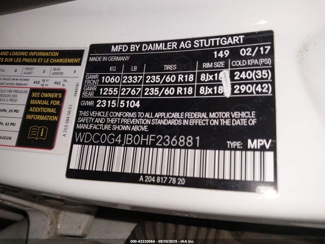 Mercedes-Benz m274 2017 WDC0G4JB0HF236881 Image 9