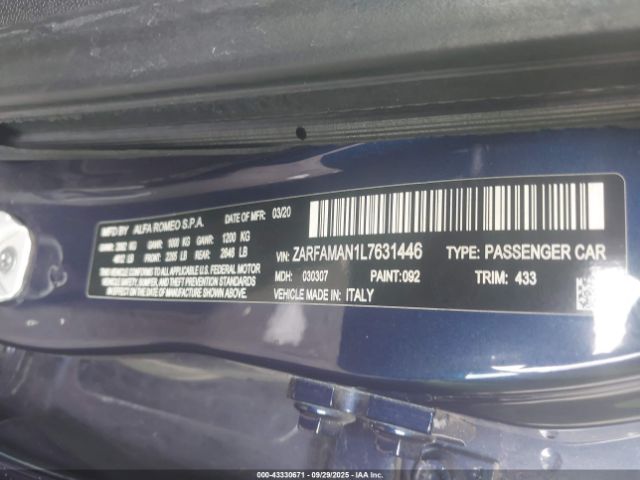 2020 ALFA ROMEO GIULIA ZARFAMAN1L7631446 Photo 8
