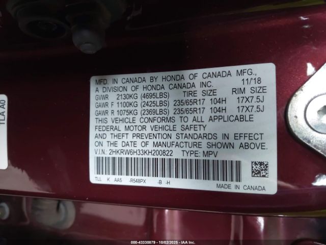 2019 HONDA CR-V 2HKRW6H33KH200822 Photo 8