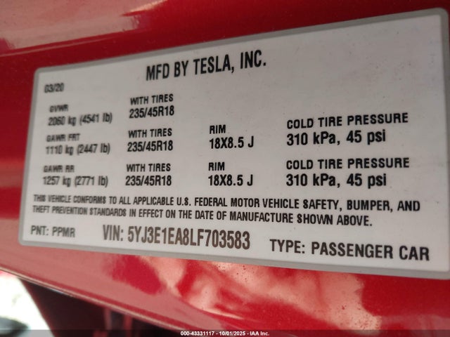 2020 TESLA MODEL 3 5YJ3E1EA8LF703583 Photo 8