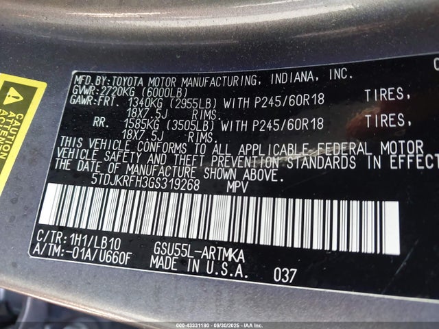5TDJKRFH3GS319268 Toyota 2gr-fe