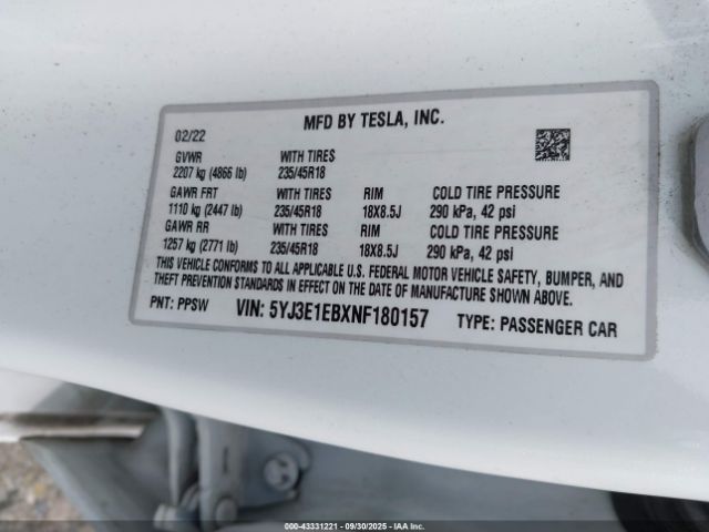 2022 TESLA MODEL 3 5YJ3E1EBXNF180157 Photo 8