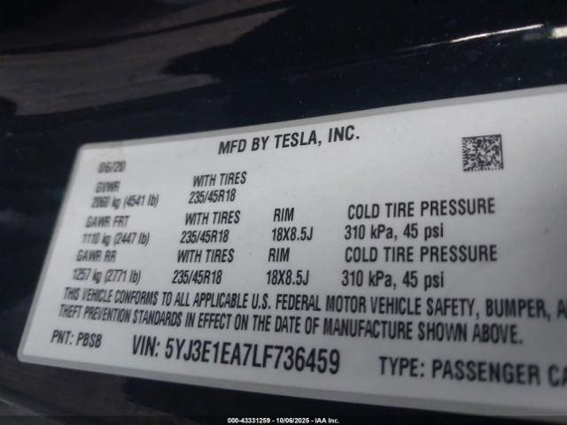 2020 TESLA MODEL 3 5YJ3E1EA7LF736459 Photo 8