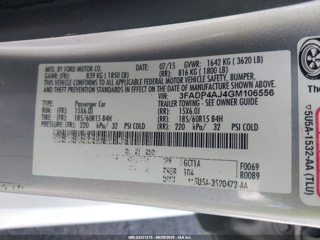 3FADP4AJ4GM106556 Ford 1.6l ti-vct premium fuel
