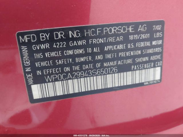 2003 PORSCHE 911 WP0CA29943S650126 Photo 8