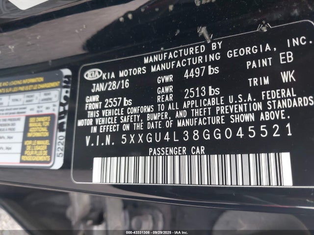43331308 :رقم المزاد ، 5XXGU4L38GG045521 vin ، 2016 Kia Optima Ex مزاد بيع