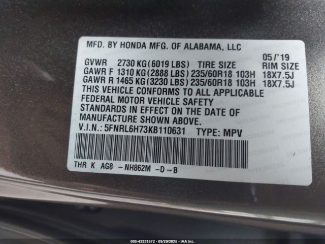 2019 HONDA ODYSSEY 5FNRL6H73KB110631 Photo 8
