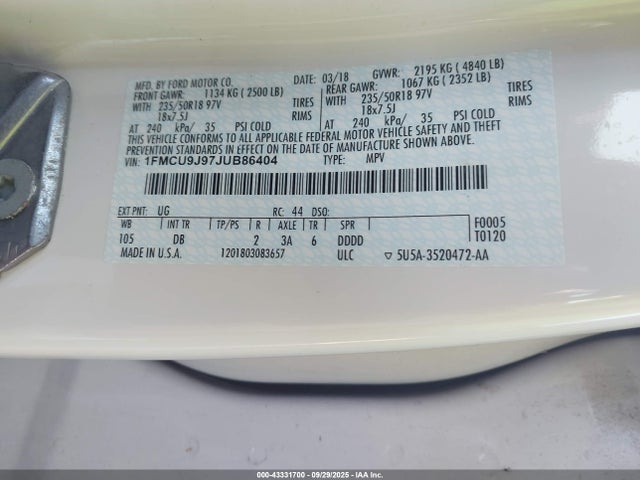 Продаж на аукціоні авто 2018 Ford Escape Titanium, vin: 1FMCU9J97JUB86404, номер лоту: 43331700