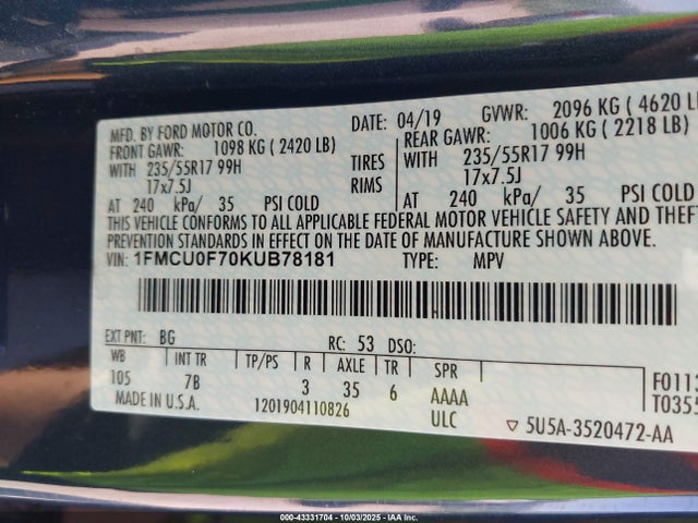 Ford ESCAPE S 2019 1FMCU0F70KUB78181 Image 9