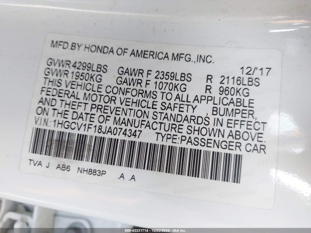 1HGCV1F18JA074347 Honda l15be