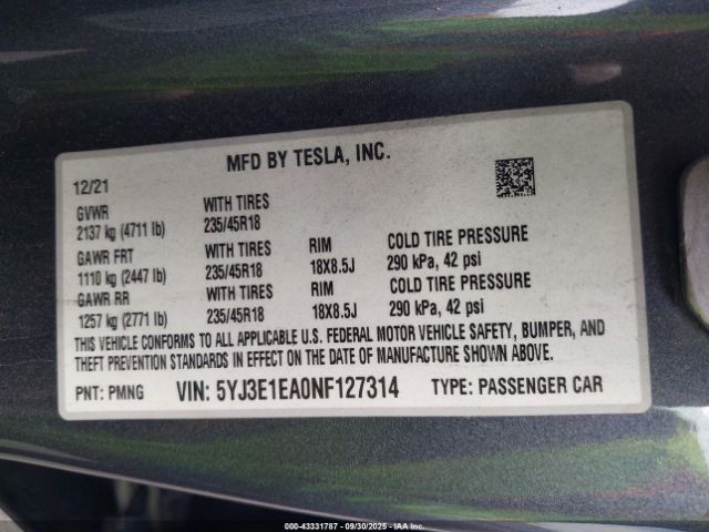 2022 TESLA MODEL 3 5YJ3E1EA0NF127314 Photo 8