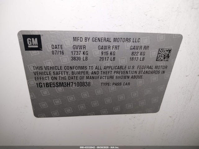 1G1BE5SM3H7100838 Chevrolet le2 -di: direct injection, vvt: variable valve timing, gen, alum