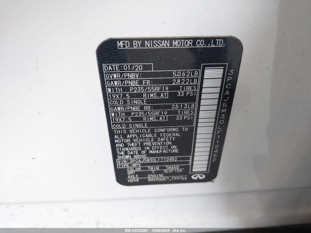 2020 Infiniti Qx50 Luxe Awd მანქანა იყიდება აუქციონზე, vin: 3PCAJ5M30LF112452, აუქციონის ნომერი: 43332067