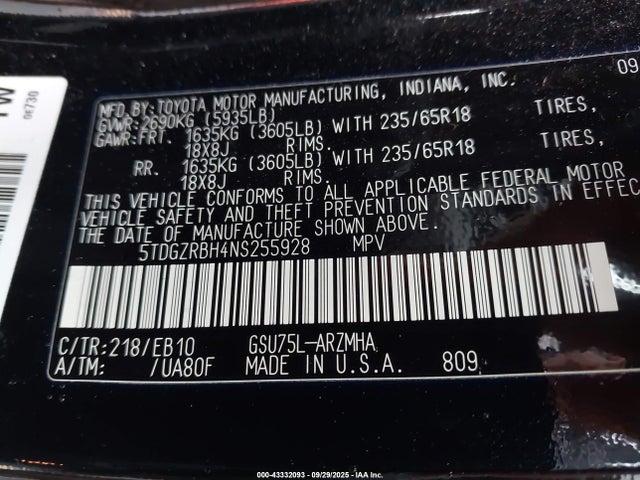 5TDGZRBH4NS255928 Toyota 2gr-fks