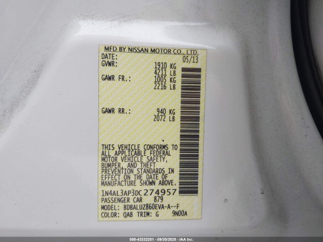 Aukcja sprzedaży 2013 Nissan Altima 2.5 Sv, vin: 1N4AL3AP3DC274957, numer aukcji: 43332201