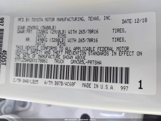 5TFCZ5AN2KX178061 Toyota 2gr-fks