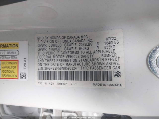 2022 HONDA CIVIC 2HGFE2F58NH595324 Photo 8