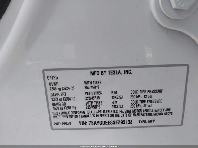 2025 Tesla Model Y Long Range Dual Motor All-wheel Drive მანქანა იყიდება აუქციონზე, vin: 7SAYGDEE8SF295138, აუქციონის ნომერი: 43332342