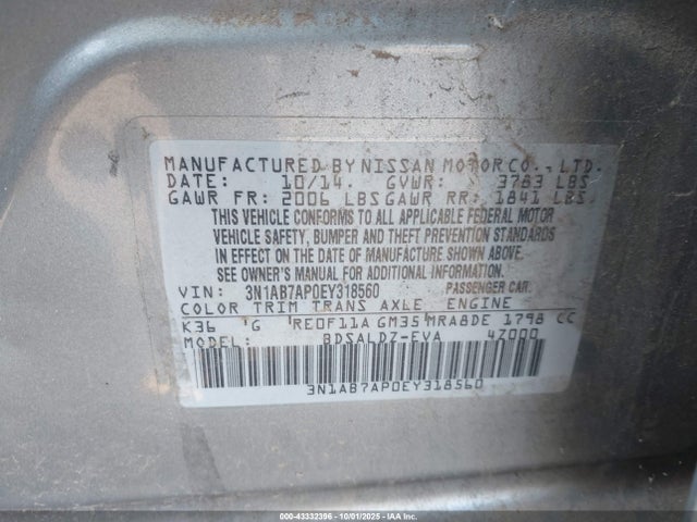 2014 Nissan Sentra Sv მანქანა იყიდება აუქციონზე, vin: 3N1AB7AP0EY318560, აუქციონის ნომერი: 43332396