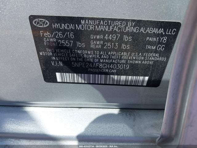 5NPE24AF8GH403019 Hyundai dohc gdi theta-ii