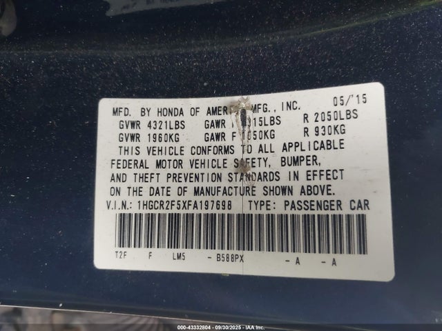 Honda k24w1 2015 1HGCR2F5XFA197698 Image 9