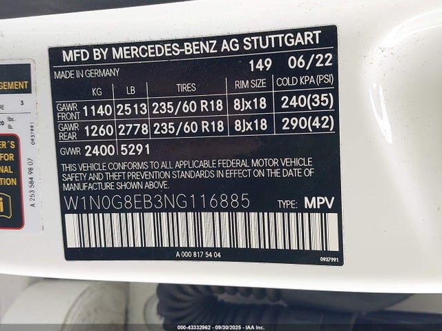 W1N0G8EB3NG116885 Mercedes-Benz m274