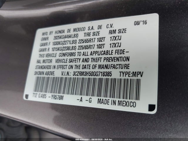 3CZRM3H50GG718385 Honda k24w9/k24v1