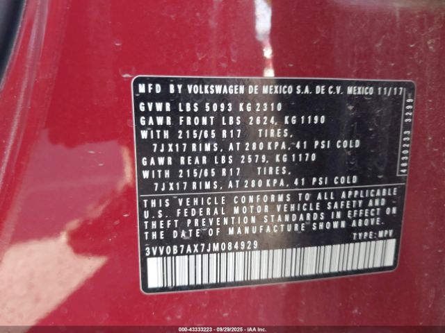 2018 VOLKSWAGEN TIGUAN 3VV0B7AX7JM084929 Photo 8