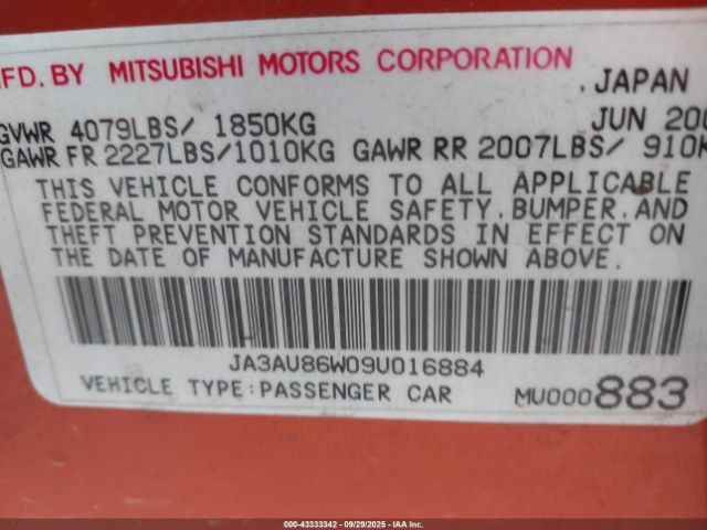 2009 MITSUBISHI LANCER JA3AU86W09U016884 Photo 8