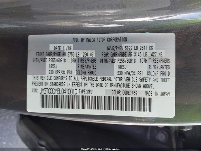 Продажа на аукционе авто 2020 Mazda Cx-9 Touring, vin: JM3TCBCY6L0410010, номер лота: 43333352