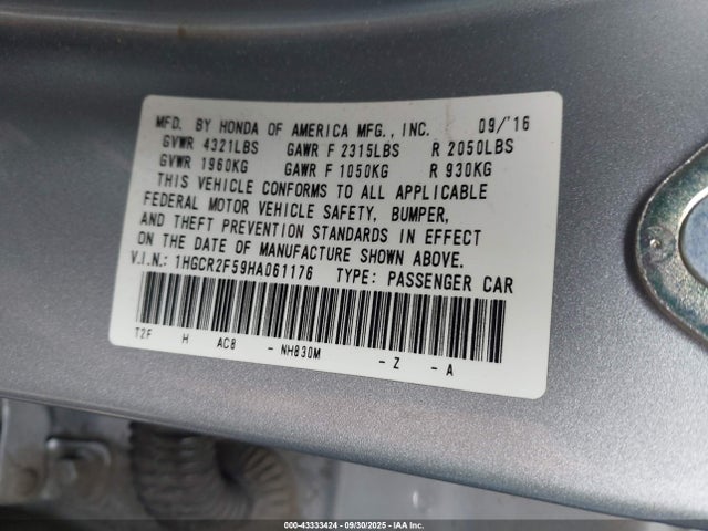 Honda k24w1 2017 1HGCR2F59HA061176 Image 9